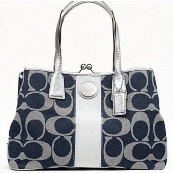 Coach Handbags - Coach Signature Tote in Denim and Silver